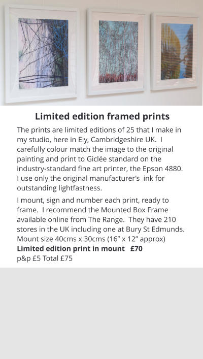 Limited edition framed prints The prints are limited editions of 25 that I make in my studio, here in Ely, Cambridgeshire UK.  I carefully colour match the image to the original painting and print to Giclée standard on the industry-standard fine art printer, the Epson 4880.  I use only the original manufacturer’s  ink for outstanding lightfastness. I mount, sign and number each print, ready to frame.  I recommend the Mounted Box Frame available online from The Range.  They have 210 stores in the UK including one at Bury St Edmunds. Mount size 40cms x 30cms (16” x 12” approx) Limited edition print in mount   £70 p&p £5 Total £75